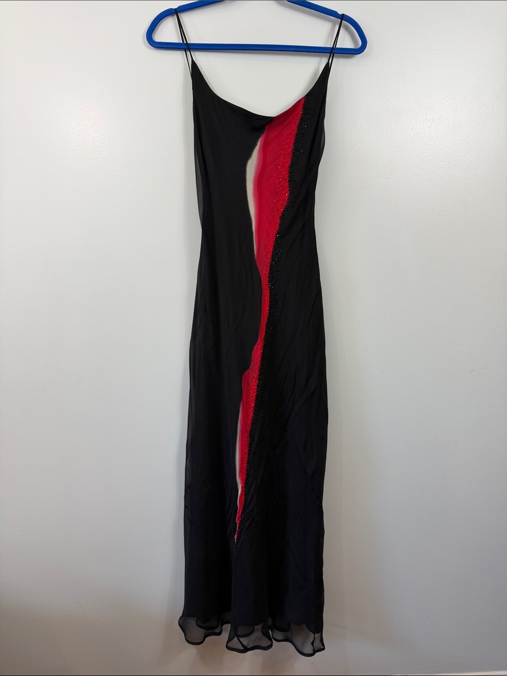 Black Slip Dress with Red Accent Stripe - Women's Elegant Evening Dress